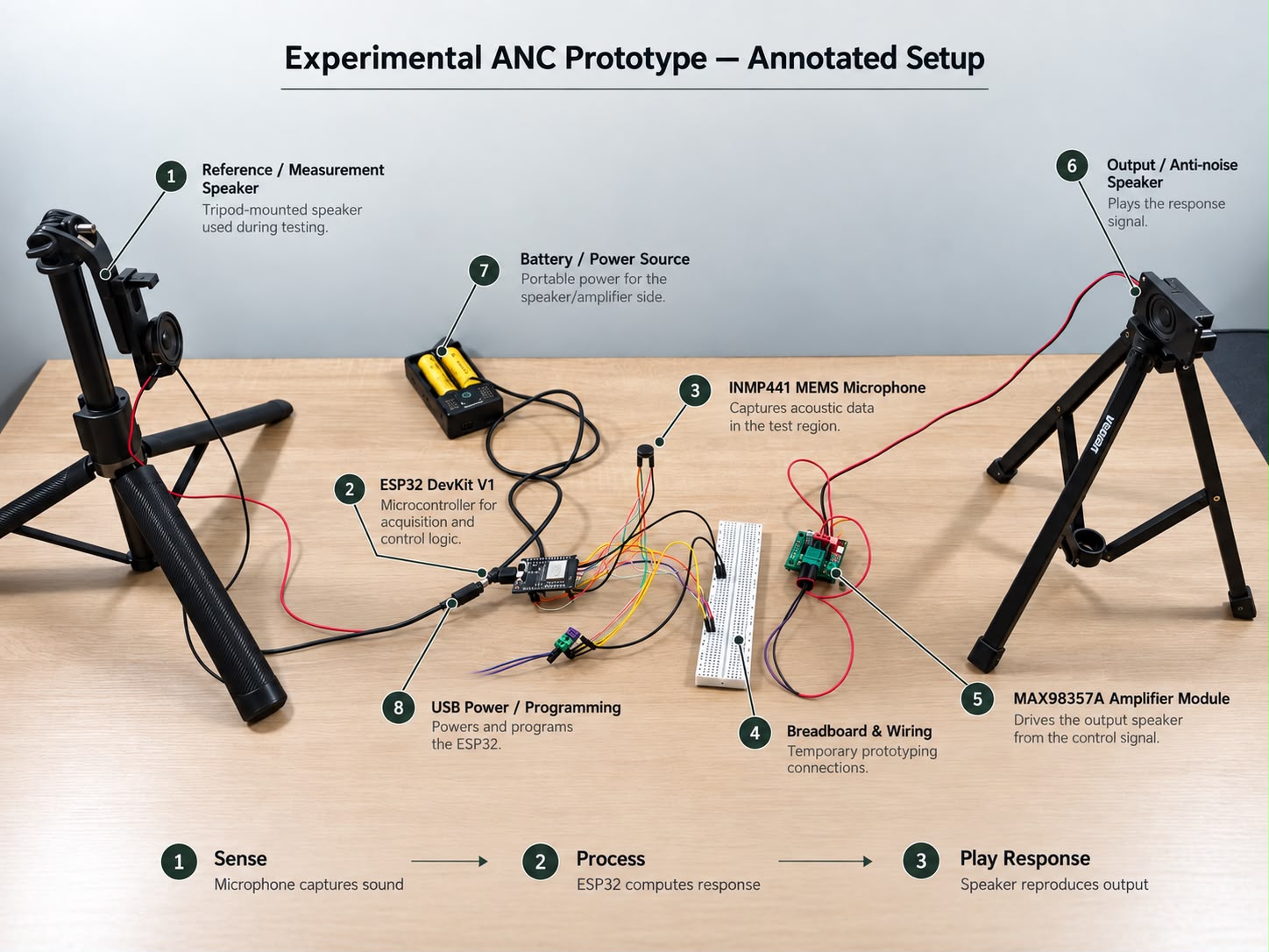 Annotated ANC prototype setup with two tripod speakers, ESP32, microphone and amplifier